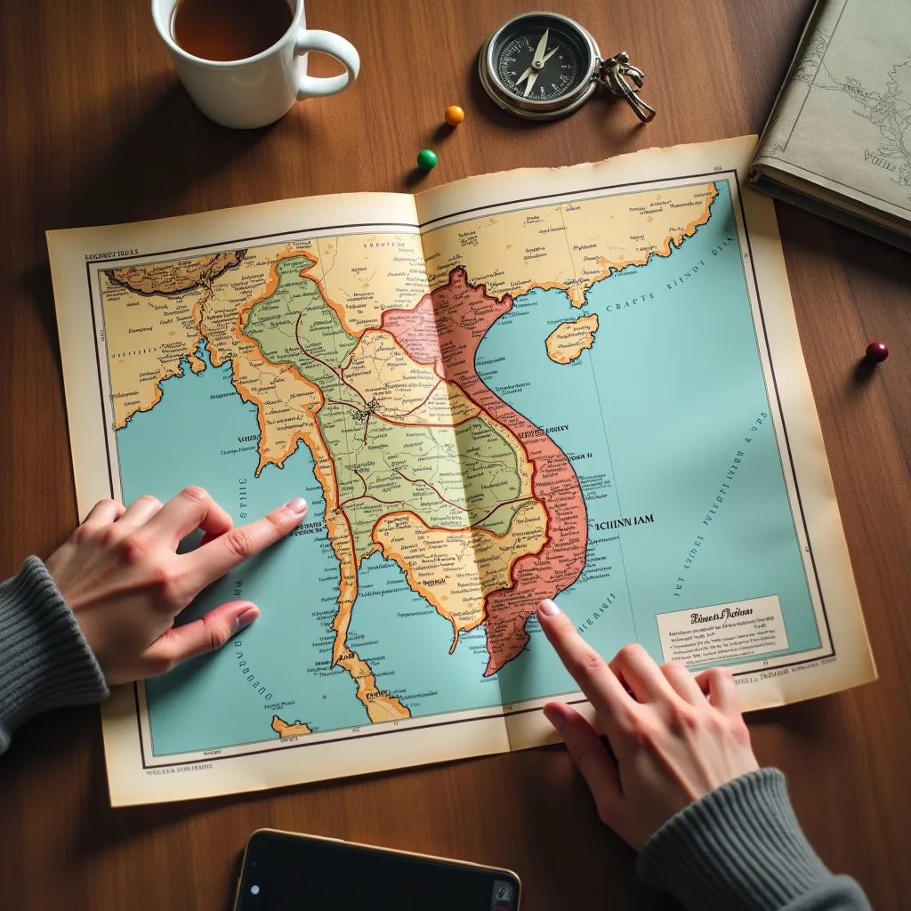 Carte annotée d'un itinéraire personnalisé au Vietnam avec points d'intérêt locaux