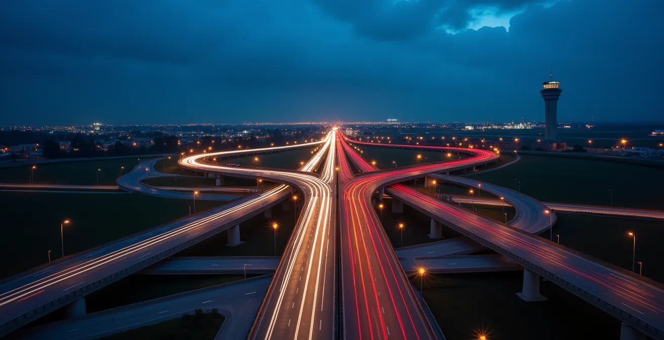 Vue aérienne de l'autoroute A1 vers Roissy avec circulation dense