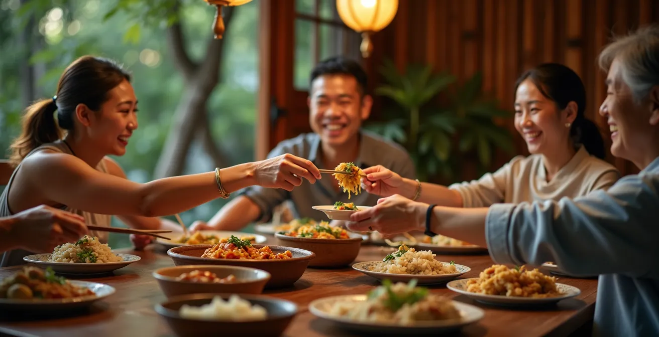 Partage d'un repas traditionnel vietnamien en famille