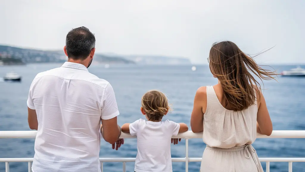 Famille admirant la vue depuis le pont du ferry pendant une traversée méditerranéenne