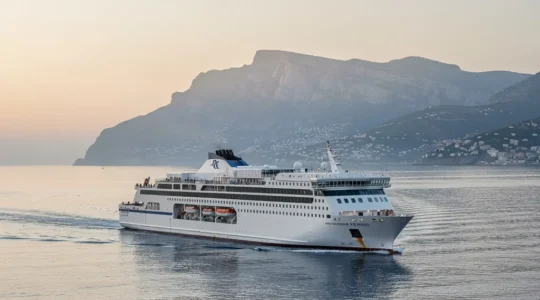Ferry moderne naviguant vers une île méditerranéenne pour des vacances insulaires