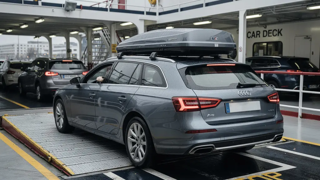 Voiture familiale avec bagages embarquant sur le pont garage d'un ferry
