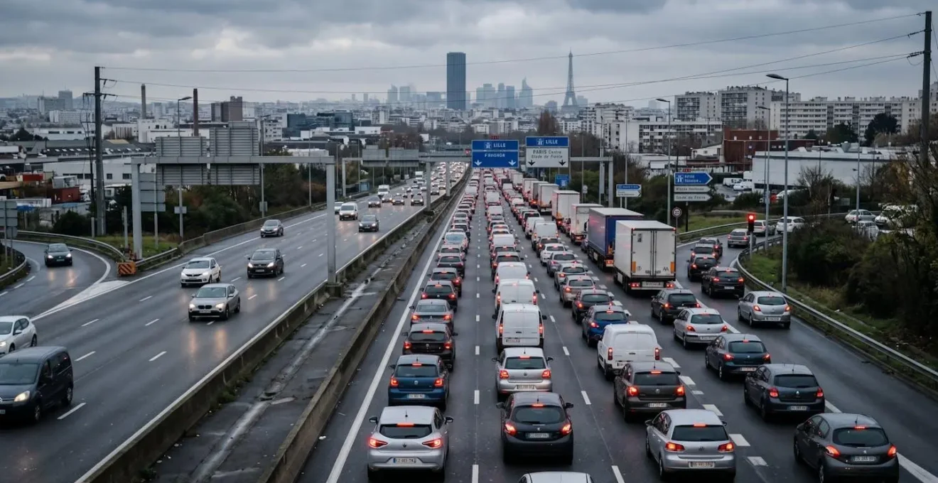 Circulation dense sur autoroute française en direction d'un aéroport international tôt le matin