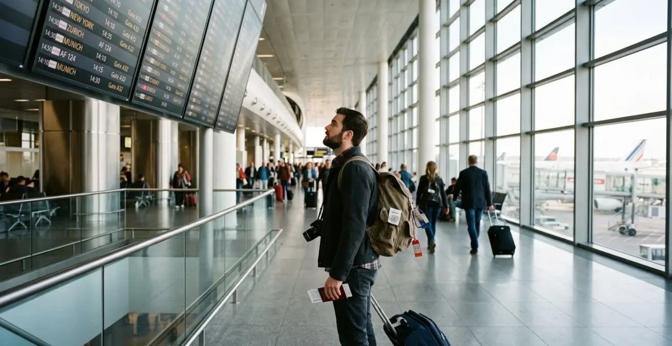 Voyageur consultant un plan de l'aéroport Charles de Gaulle pour identifier son terminal de départ