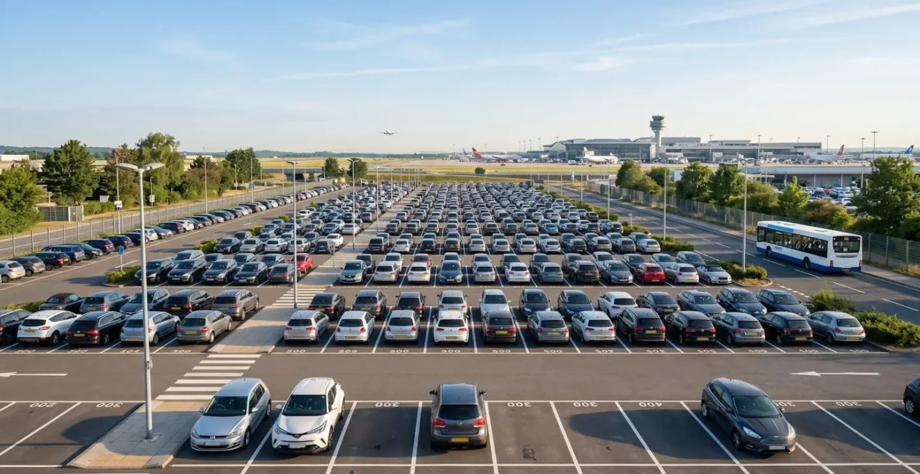 Voiture garée dans un parking longue durée à proximité de l'aéroport Roissy-CDG avec navette en arrière-plan