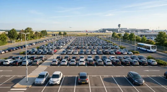 Voiture garée dans un parking longue durée à proximité de l'aéroport Roissy-CDG avec navette en arrière-plan