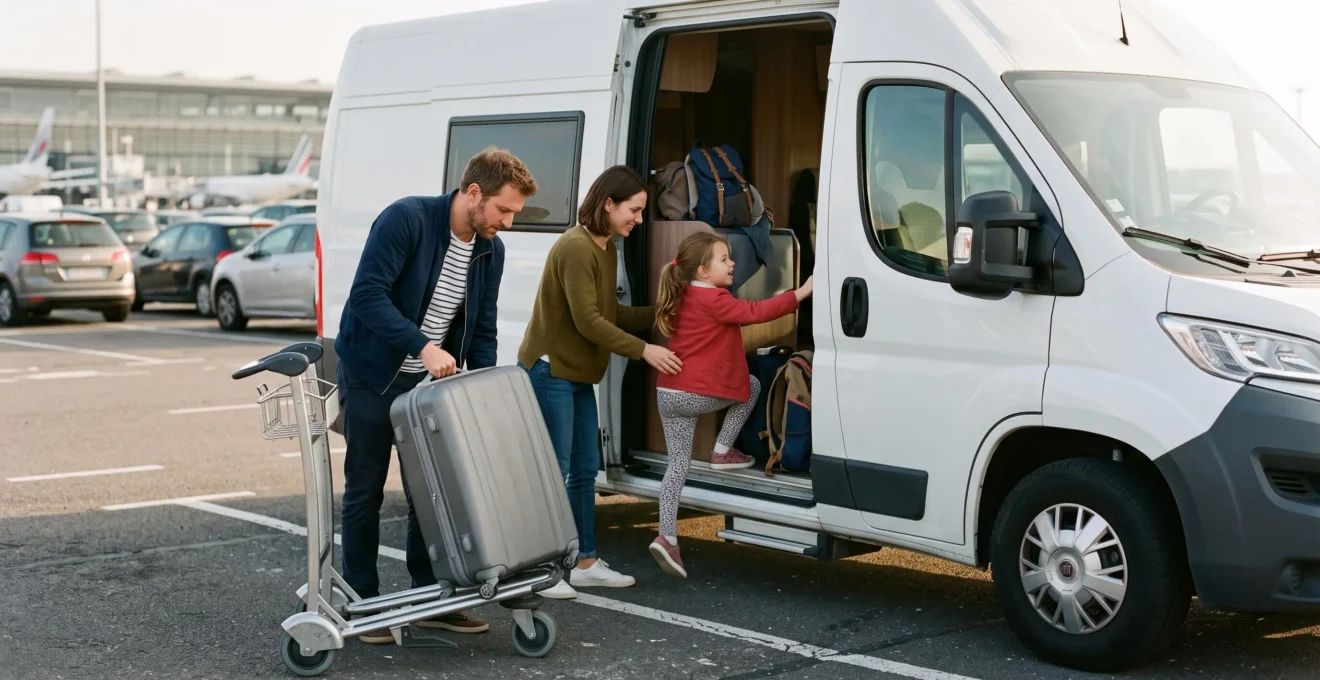 Famille chargeant leurs bagages dans un van aménagé garé près de l'aéroport de Roissy-CDG