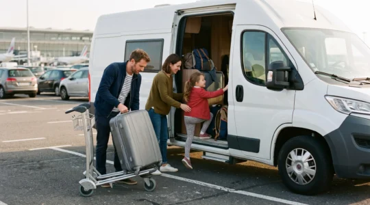 Famille chargeant leurs bagages dans un van aménagé garé près de l'aéroport de Roissy-CDG