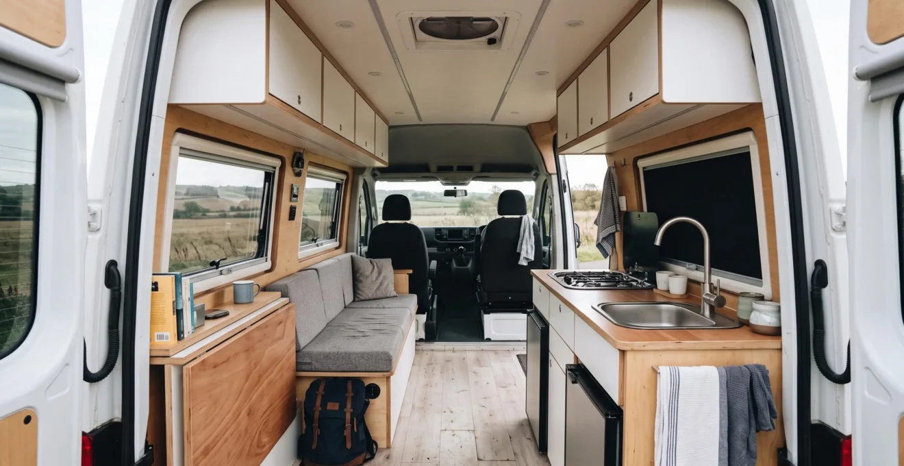 Vue intérieure d'un van aménagé montrant la cuisine, les rangements et l'espace de vie convertible