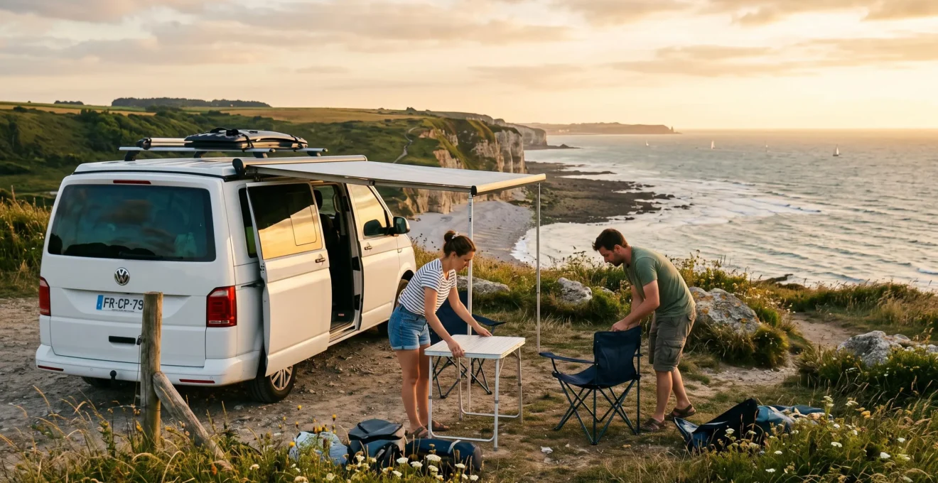 Van aménagé garé sur un point de vue côtier en Normandie avec un couple installant le campement au coucher du soleil
